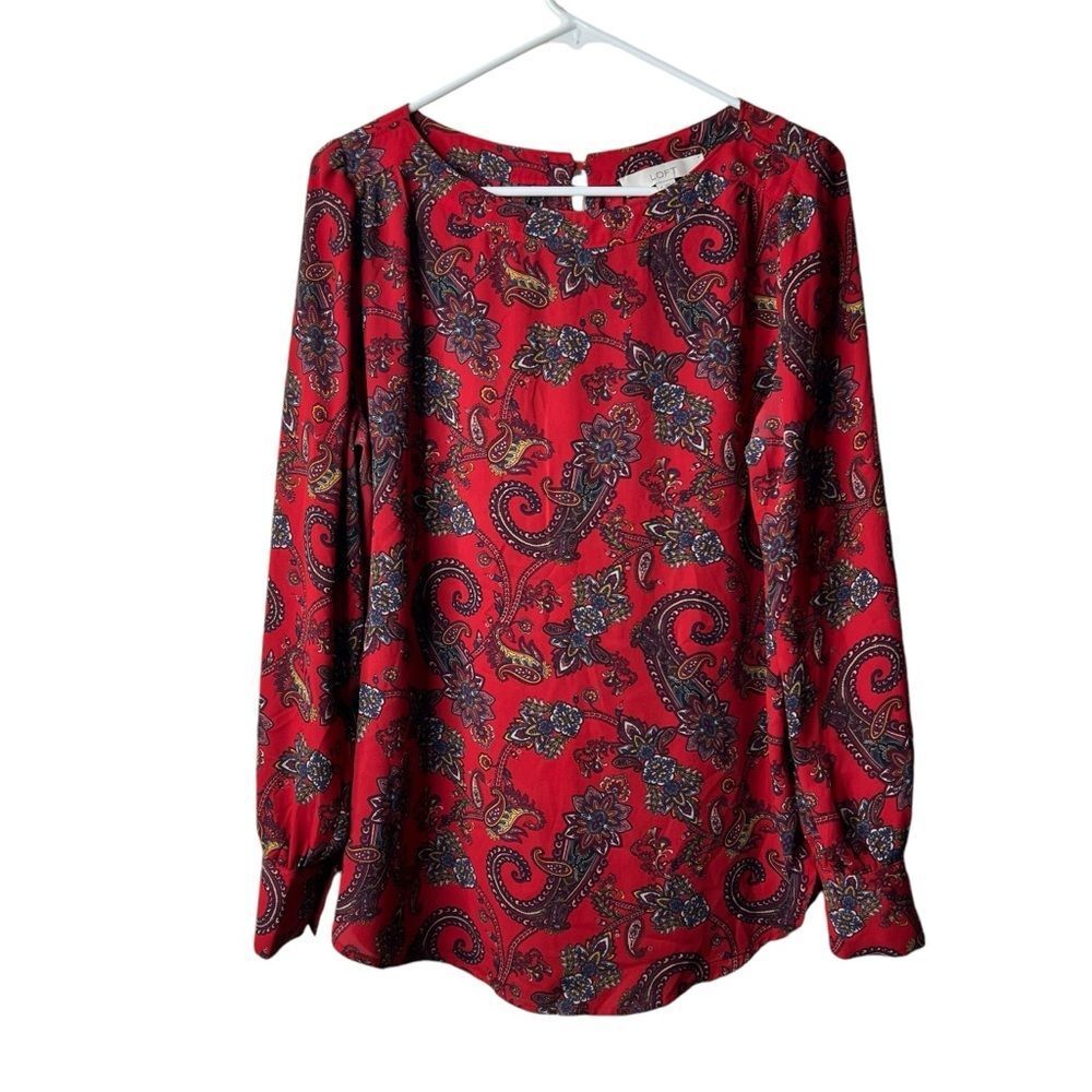 Loft Red Paisley Boatneck Puff Long Sleeve Career Blouse